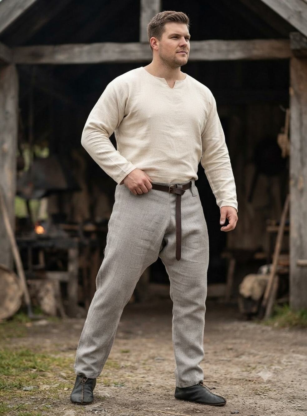 Grimfrost Viking Trousers XL Grey 100% Baltic Linen Historical Norse Breeches